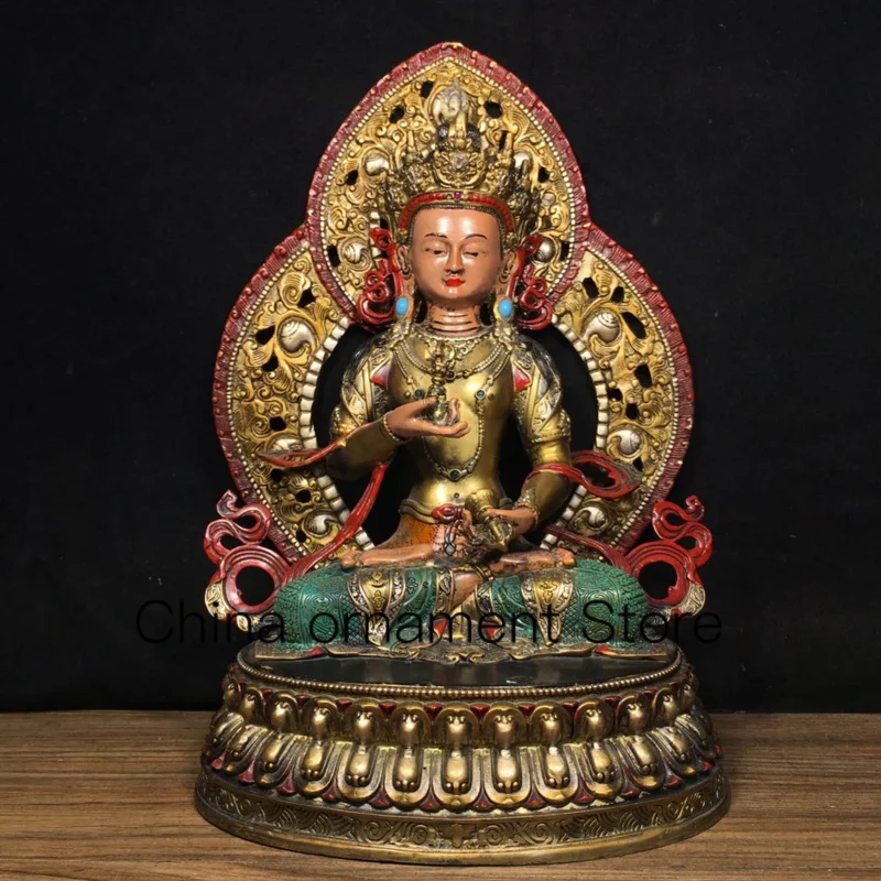 

32cm Tibetan Bronze Gilded Gold Buddha Pure Copper Painted Face Drawing Vajra Saduo Tara Buddha Statue Ornament