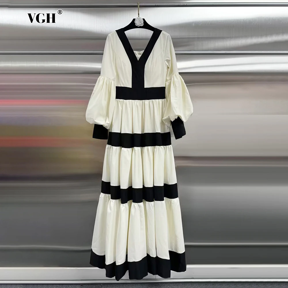 

VGH Hit Color Patchwork Folds Long Dress For Women V Neck Lantern Sleeve High Waist Tunic Loose Pullover Elegant Dresses Female