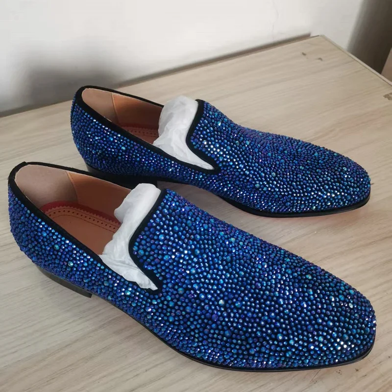 Royal Blue Rhinestone Loafers Luxury Evening Formal Men Dress Shoes Slip On Leather Flats Party Wedding Shoes view 6