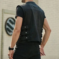 Trendy Men's Faux Leather Biker Waistcoat Motorcycle Black Club Vest with Multiple Pockets Sleeveless Fashion