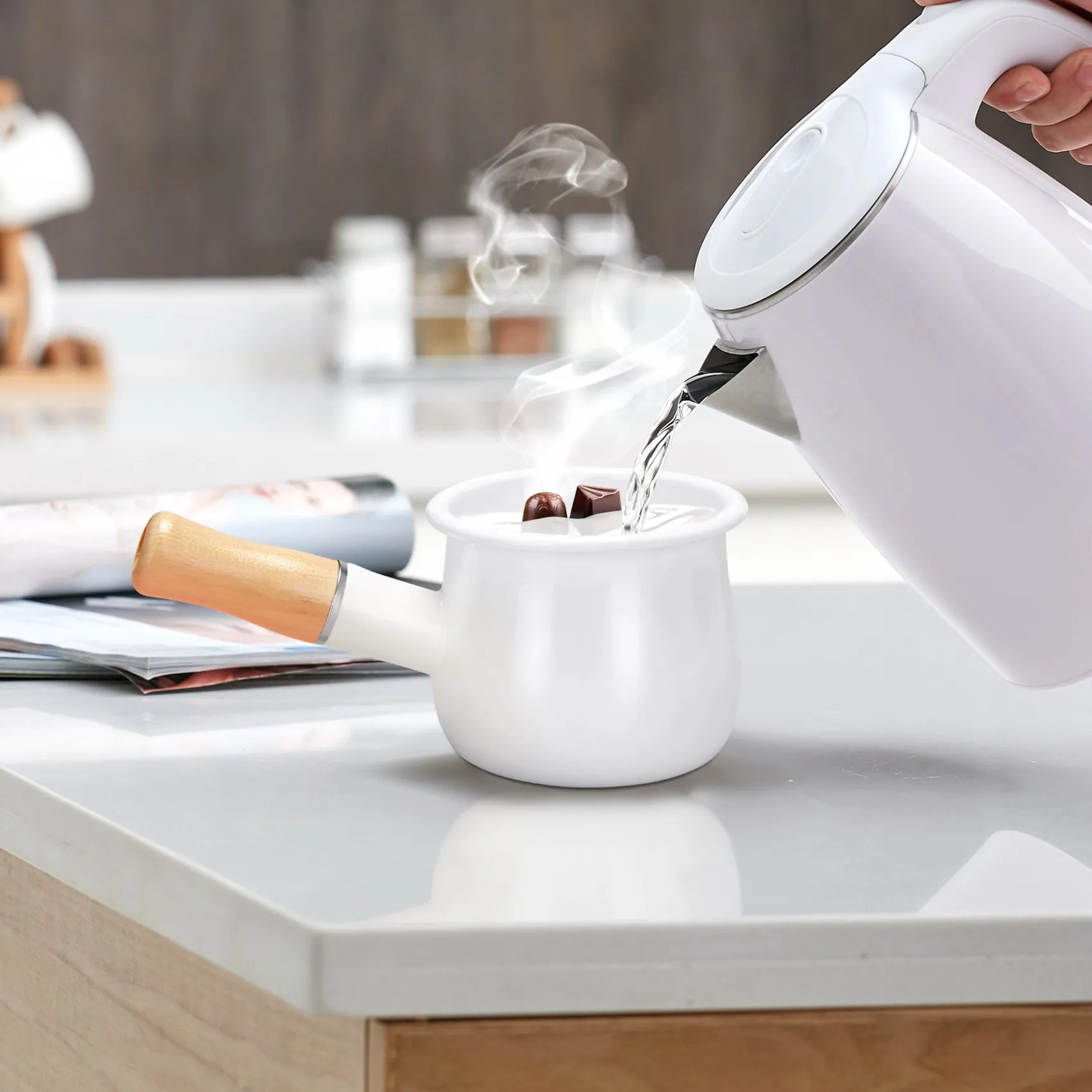 

A68G-Enamel Milk Pan, Mini Butter Warmer 10Cm Enamelware Saucepan Pan Cookware With Wooden Handle, Perfect Size For Heating Smal