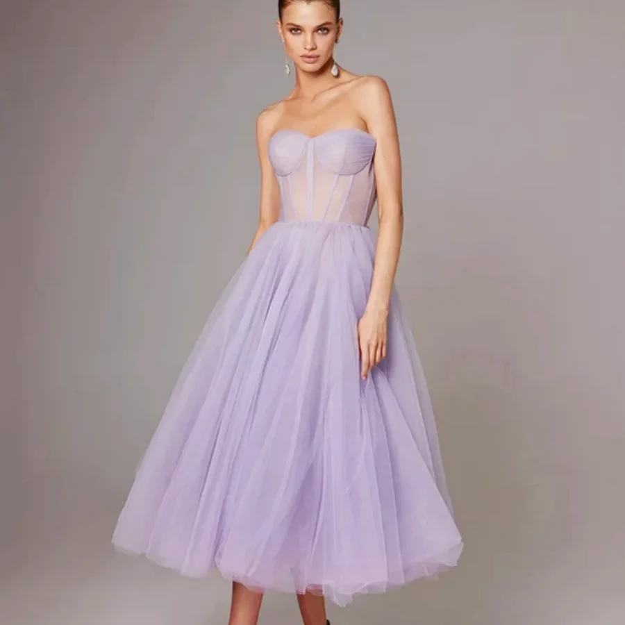 Sweetheart Sheer Boning Tea length Formal Party Gowns Green Dusty Pink Lavender Navy Blue A Line Tulle Short Prom Dresses