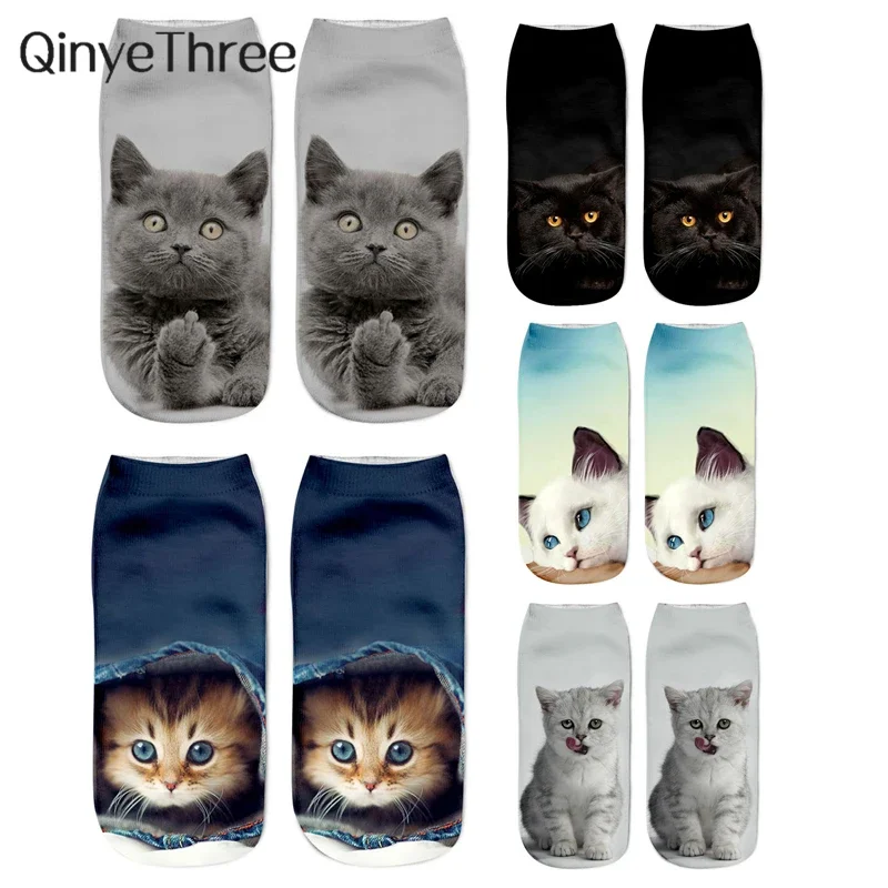 

New 3D Print Funny Cute Cartoon Kitten Unisex Creative Colorful Multiple Cat Face Happy Low Ankle Socks For Women Dropship