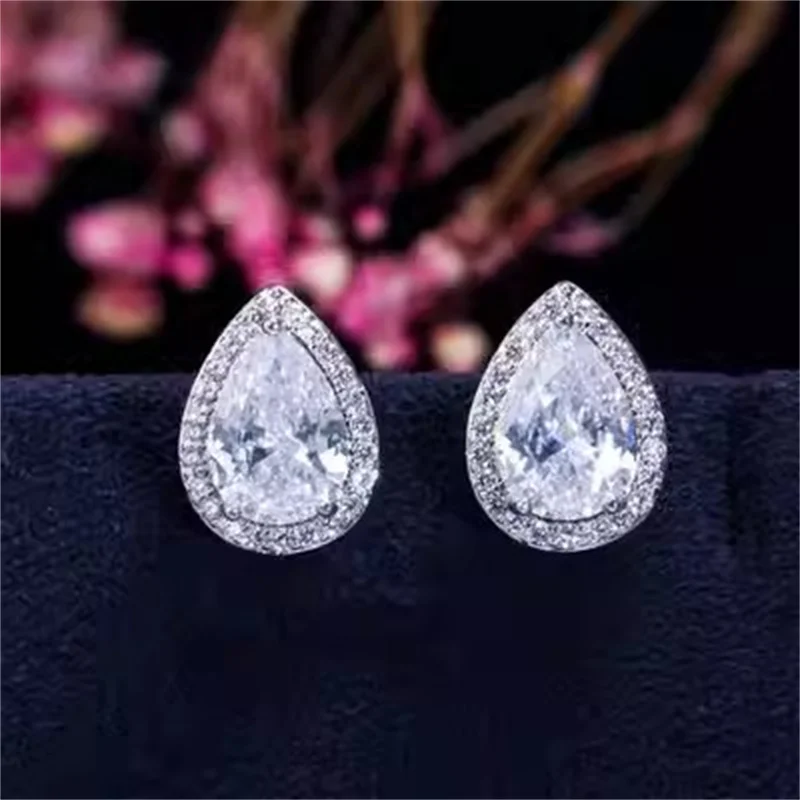 Water Drop Stud Earrings For Women White Zirconia Stone Fine Jewelry Brincos 925 Silver Needle Fashion Accessories E051