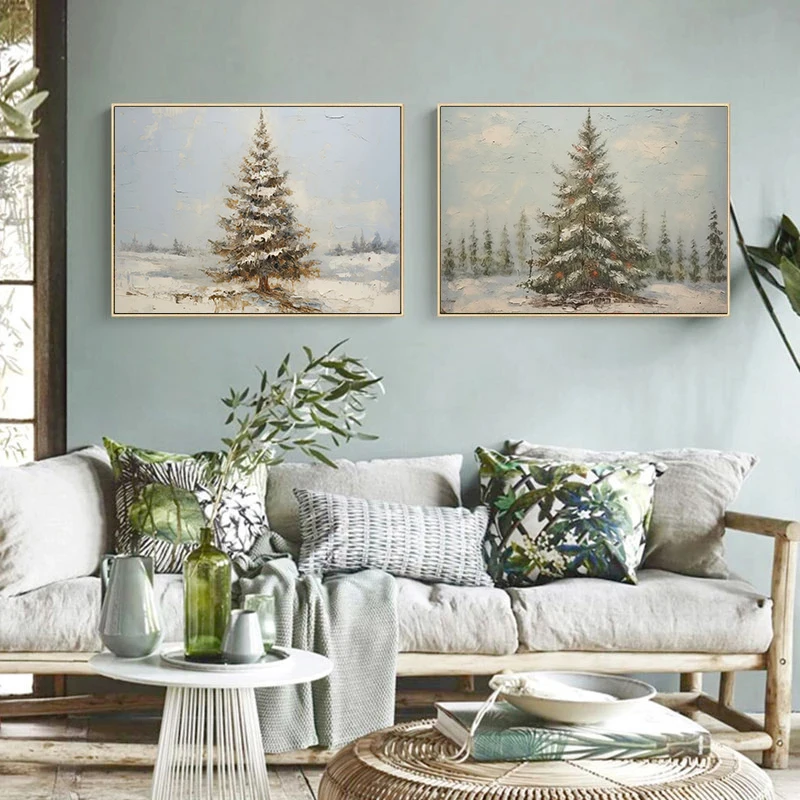 Cabin Snowy Night Snowy Village Winter Scene Christmas Tree Town Deer Poster Canvas Painting Print Wall Art Picture Home Decor