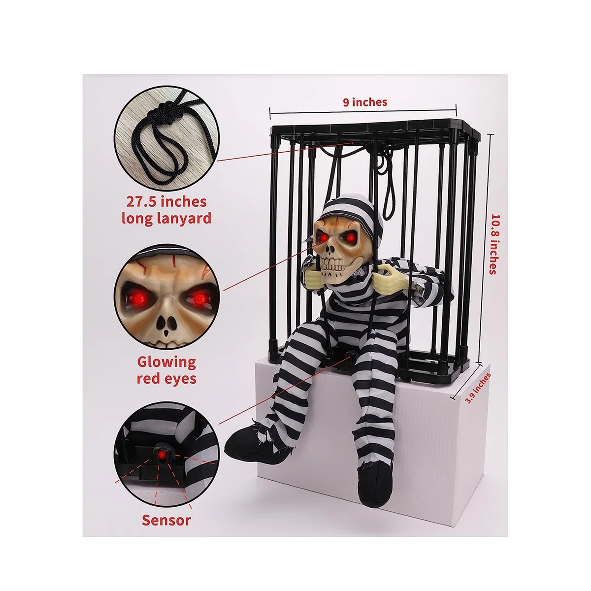 การตกแต่งฮาโลวีนแบบเคลื่อนไหวกรีดร้องของตกแต่งฮาโลวีนพร้อมเซ็นเซอร์ตรวจจับความเคลื่อนไหวนักโทษกรงกะโหลกศีรษะที่น่ากลัว B
