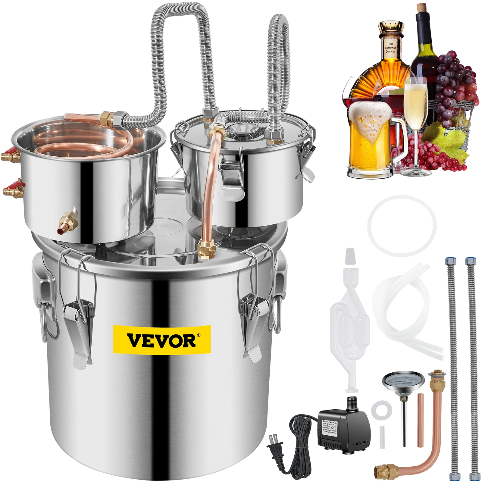 VEVOR Moonshine Stainless Steel Water Alcohol Distiller Copper Tube W/Circulating Pump Home Brewing Kit for DIY Whisky/Brandy