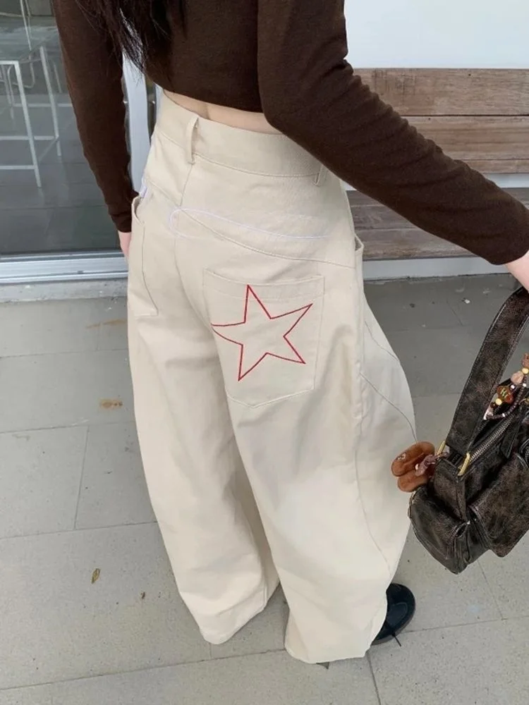 

Loose Fit Women's Jeans Spring New Large Size Washed Star Letter Embroidery Wide Leg Knife Pants Comfortable Casual High...