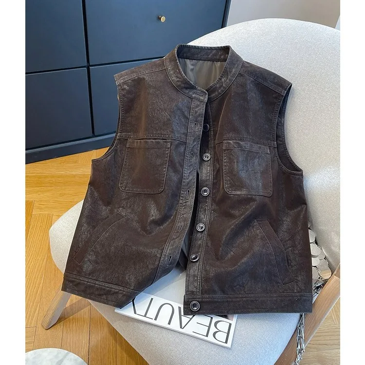 Retro Style Women's Vest 2026 Autumn New Loose Fit Multi-Pocket Stand Collar Sleeveless Layering Versatile Outerwear