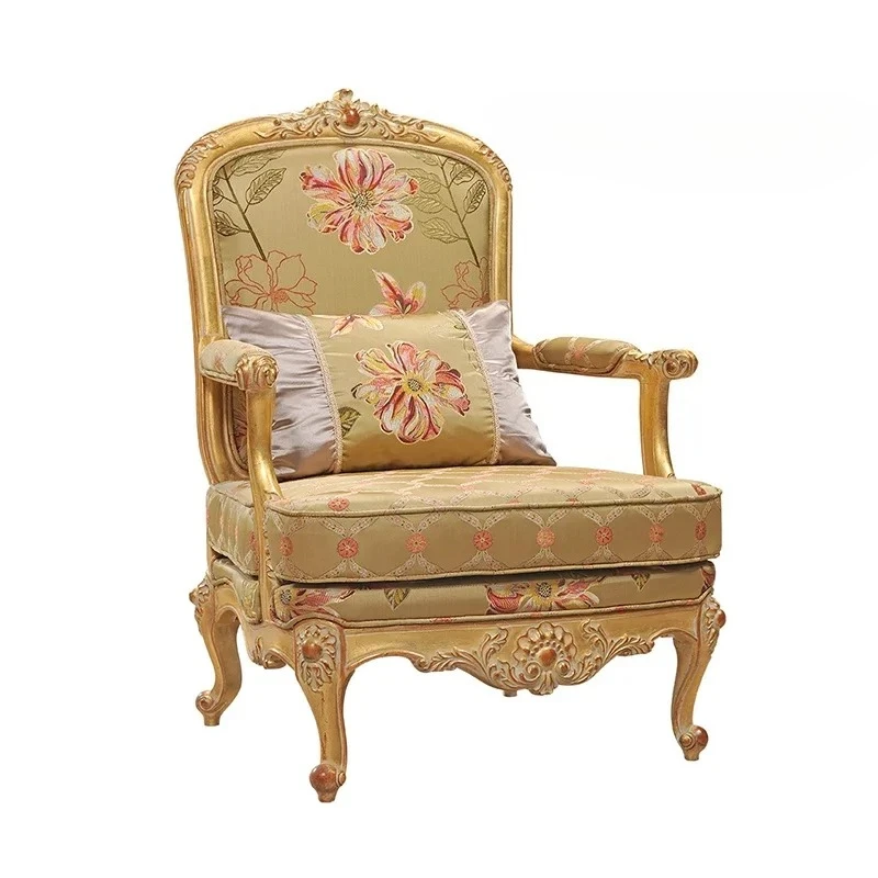 

Европейский классический твердый деревянный резной цветок, ткань, одиночный диван, кресло для гостиной, дома, придворного стиля, кресло для отдыха