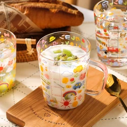 JINYOUJIA-Large Capacity Glass Mug with Scale for Breakfast, Milk, Coffee Cup, Home Kitchen, Cartoon Pattern Water Cups