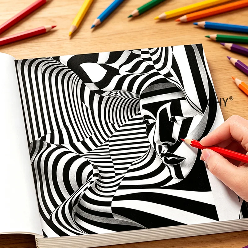 1 Hand Drawn Coloring Book, 24 Pages of Themed Patterns As Black and White Tunnels/psychedelic Geometry, for Adults To Relax