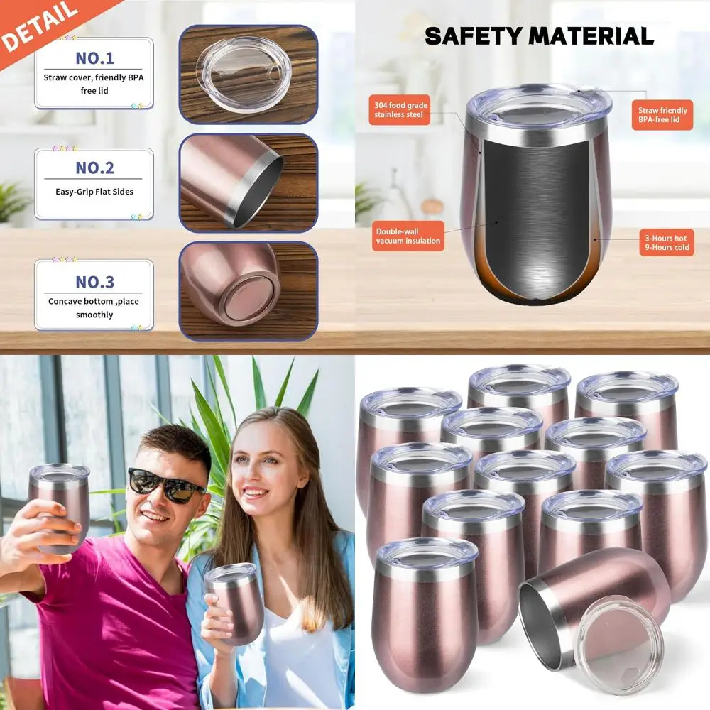 

12oz Stemless Insulated Wine Tumblers with Lids, Pack of 12, Stainless Steel Travel Mugs for Hot & Cold Beverages in Rose Gold