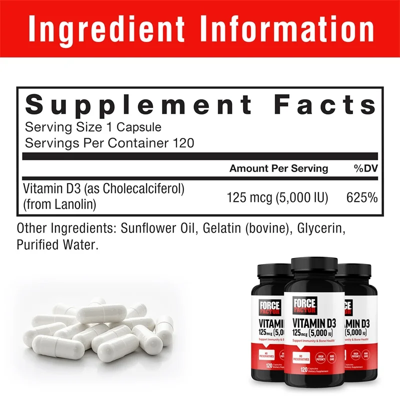 Vitamin D3 5000 IU - Supports Strong Bones & Immune Health - Gluten Free Non-GMO Vitamin D Supplement