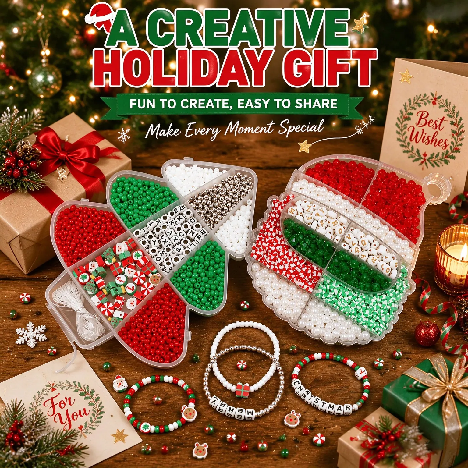 Christmas Bracelet Making Set Tree Shaped Storage Box Xmas Theme Beads Charms DIY Keychains Handmade Jewelry Craft Supplies