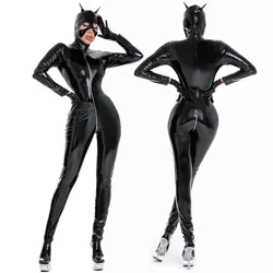 Cat Woman Cosplay Suit Zipper Open Crotch Wetlook Leather Jumpuit Playing Erotic Women Bodysuit Fetish Wear Sexy Costumes