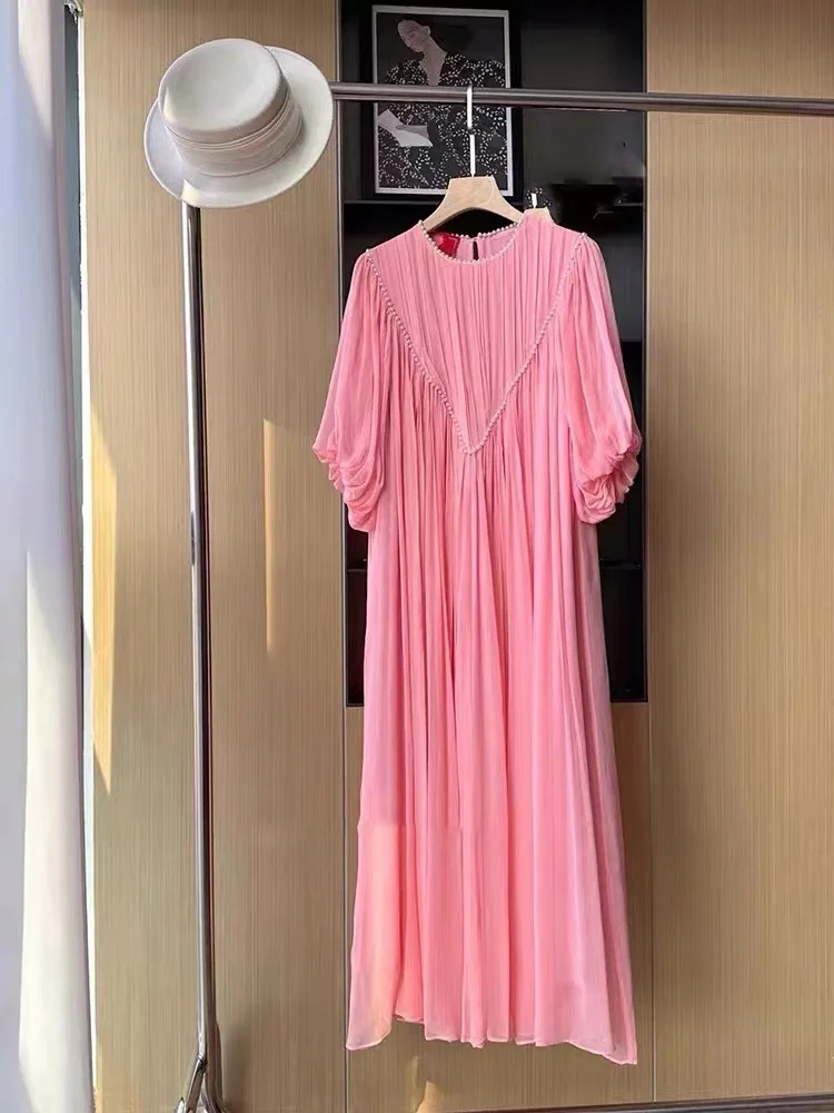 Imagem -06 - Francês Socialite Seaside Holiday Pink Chiffon Dress 2023 Primavera e Verão Novidades Round Neck Manga Curta Frisada Vestido Longo Mulheres