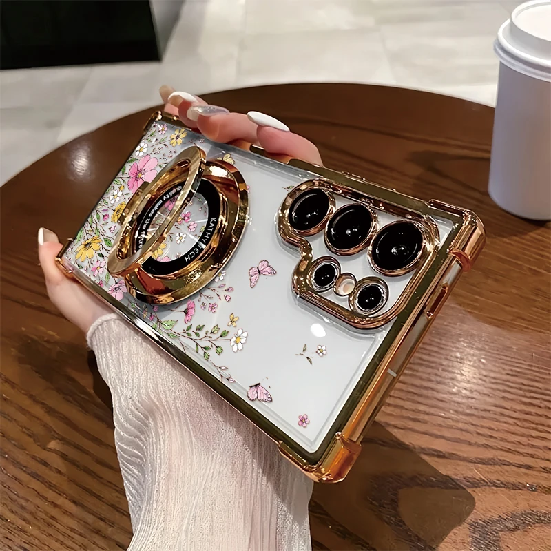 Pink Flowers Pattern Case For Samsung Galaxy A07 A06 A05S A04E A03S A02 A03 Core Plating Clear Four Corners Anti Drop Cases Etui