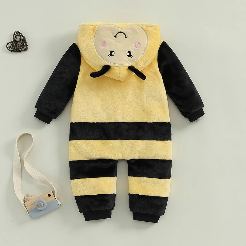 VISgogo Little Girls Boys Hallowee Bee Costume Long Sleeve Hooded Zip Up Jumpsuit Cosplay Costume Plush Fall Winter Clothes