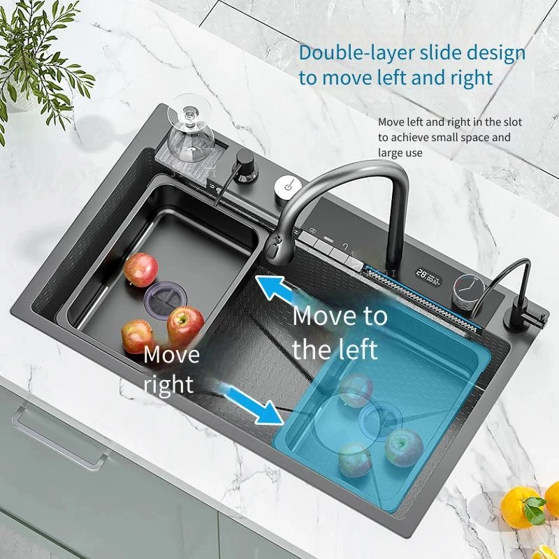 

Feiyu Waterfall Digital Display 304 Stainless Steel Kiten Sink Large Single Washing Basin Manual Washing Basin Right