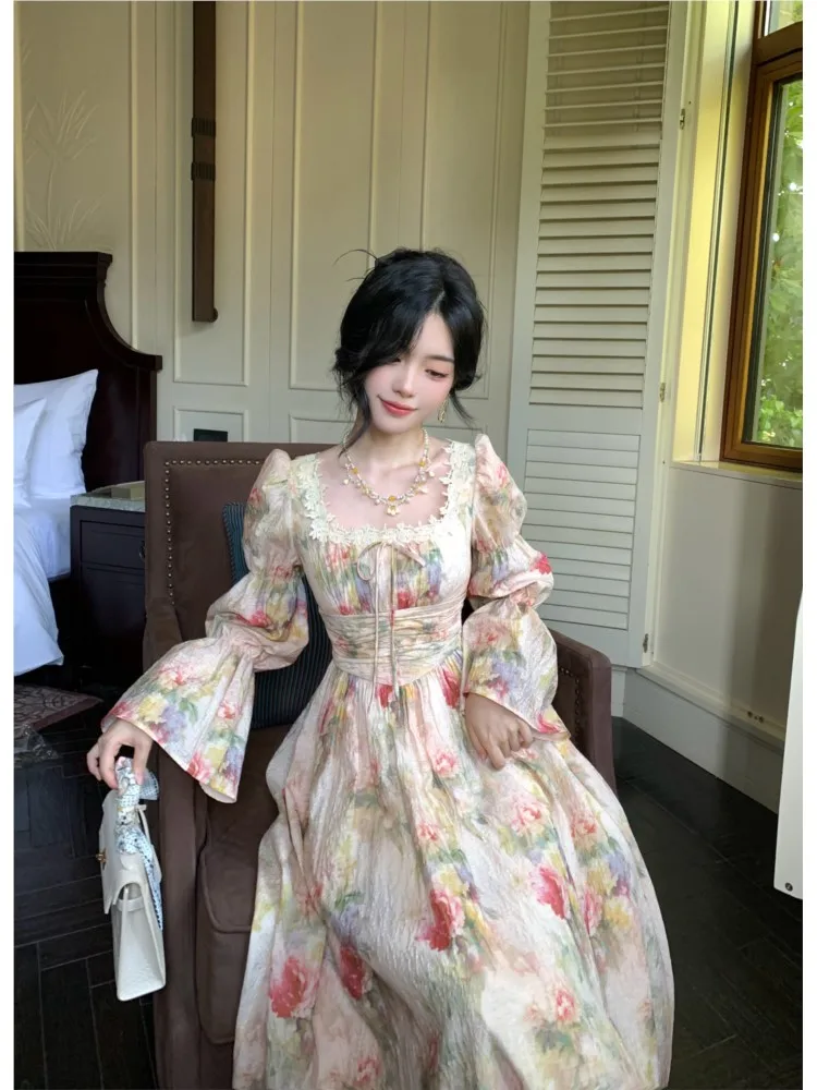 Women French New Painting Printed Long Dress Autumn Square Collar Lantern Sleeve Midi Dress Casual Lace-up Lady Vestidos Largos