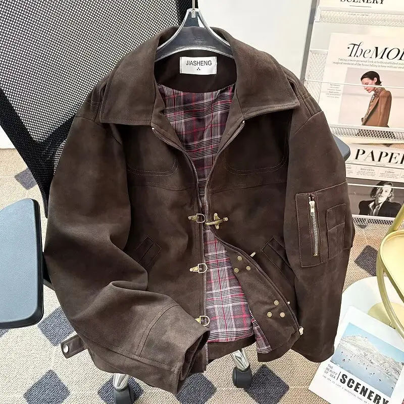 

Loose Fit Men's Retro Sle PU Leather Jaet Autumn Winter plus Size 250 Pou Simple Design Printed Long Sve Zipper Clo...