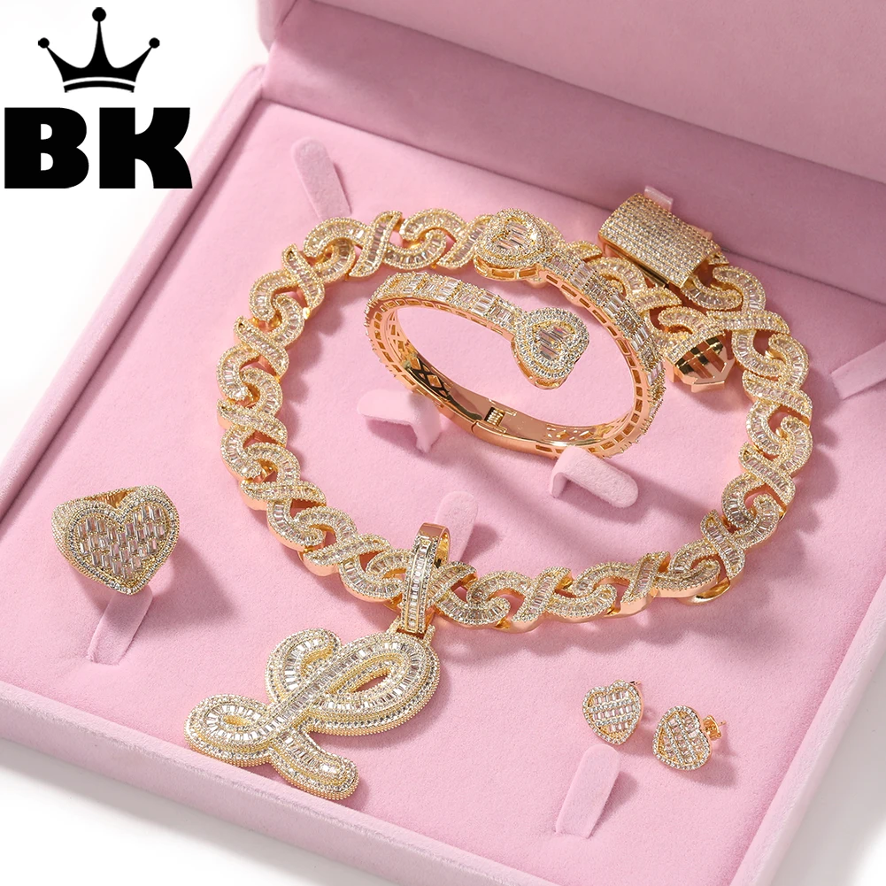 

THE BLING KING Big Baguette Initial Letter Pendant With Infinity Cuban Chain Necklace Jewelry Set Heart Ring Earring Bangle