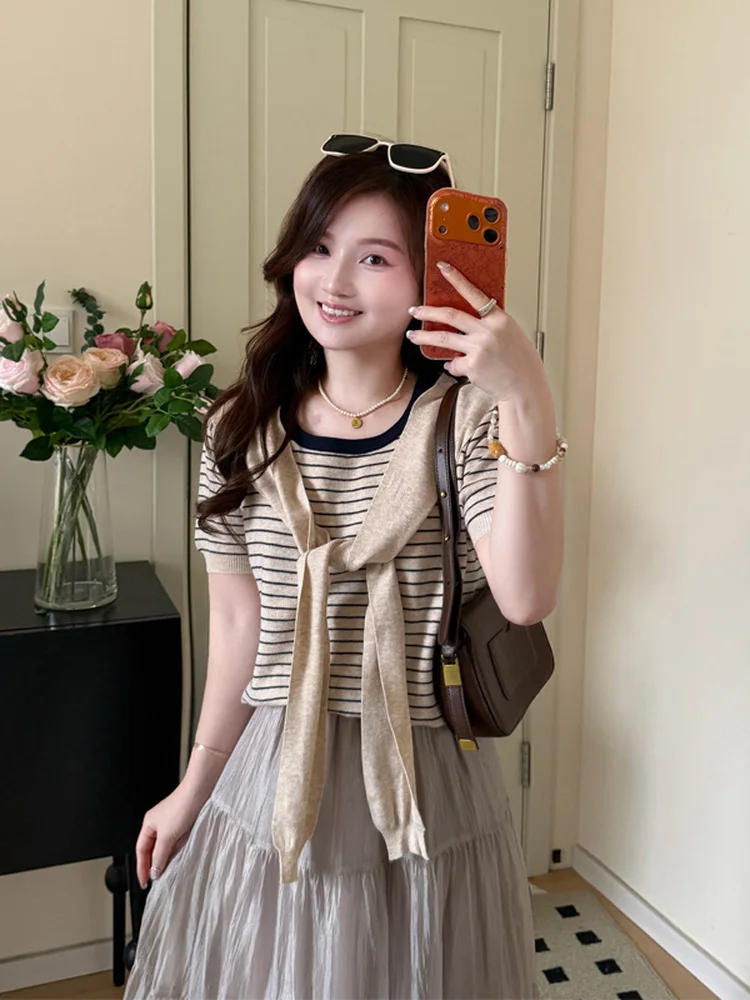 

Sweet Style Short Sleeve Knitted Stripe T-Shirt Top for Women Summer Casual Comfortable Breathable Soft Fabric round Neck