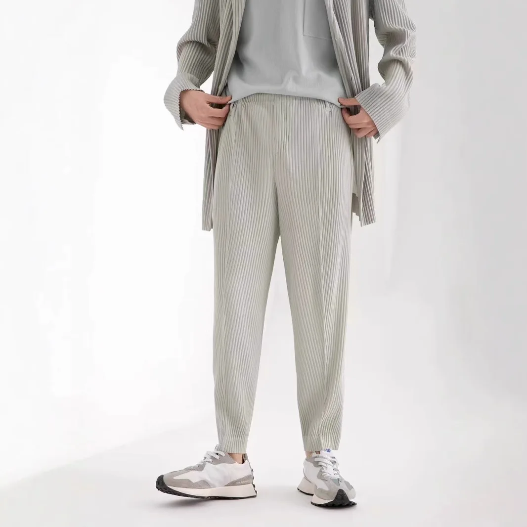 مياكي 2025 جديد الربيع والصيف للطي مطوي تسع نقاط السراويل مطوي منتصف التماس مستقيم قطرة السراويل الطية غير رسمية الرجال السراويل #5