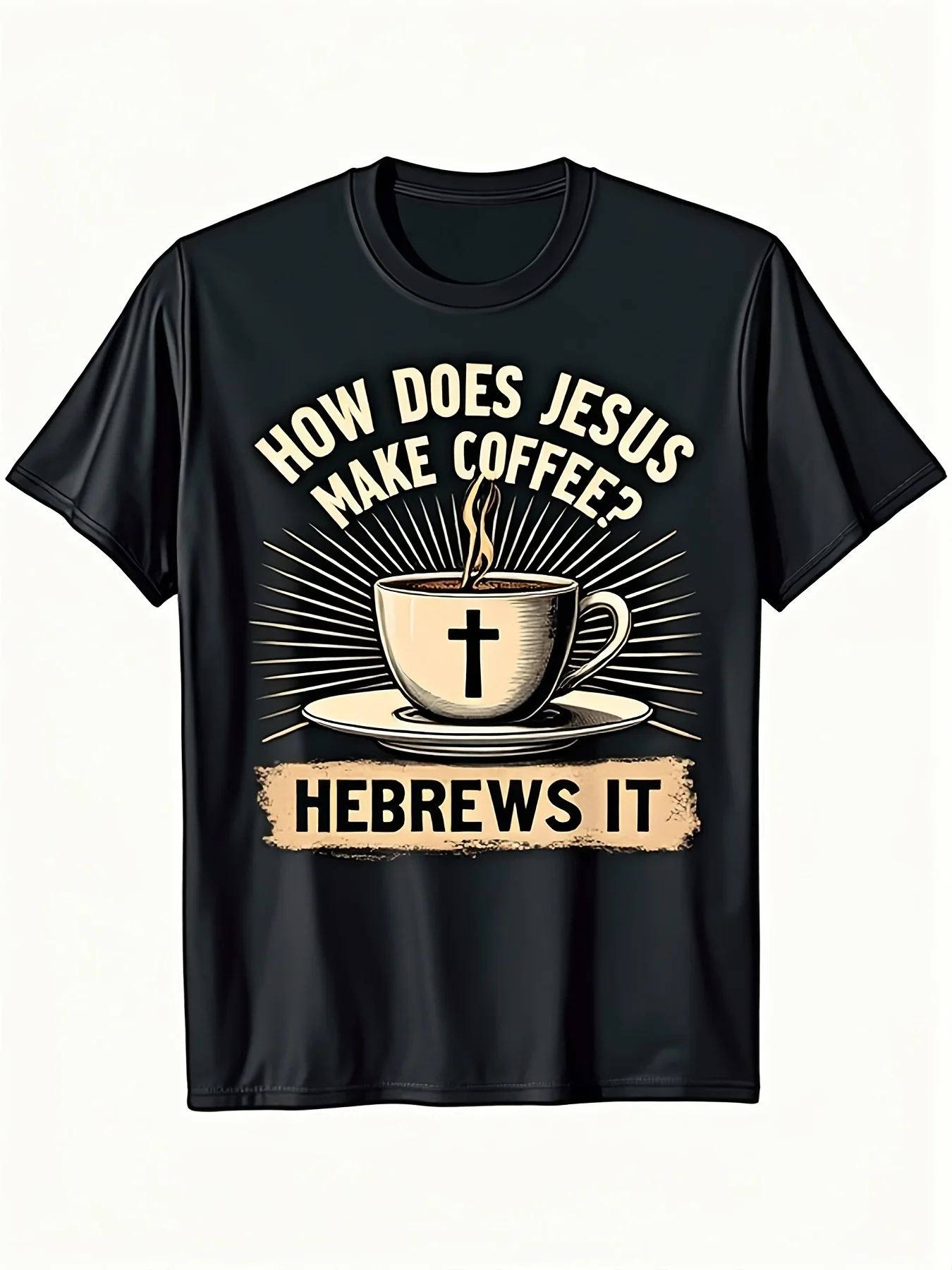 Men's Funny Christian T Shirt How Does He Brews It HeBrews It! Coffee Cup  Verse Design Lightweight All Season Church  Casual Wear Faith Based Humor Apparel with Durable Digital PrintSame Style for Men and Women 2026 Summer Short-sleeved Printed