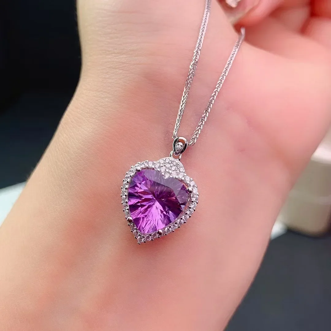 Natural Charoite Gemstone Pendants Necklaces for Women 925 Sterling Sliver Heart Romantic Wedding Gift Valentine's Jewelry