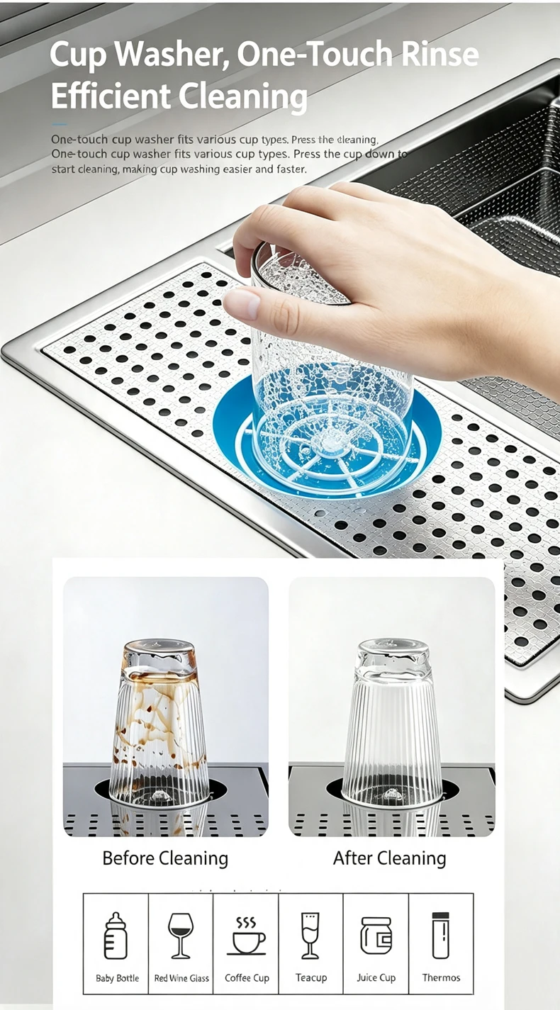 Cup Washer Hidden Bar Sinks With Lid MultifunctionalStainless Steel Kitchen Sink Single Slot Undermount Bowl