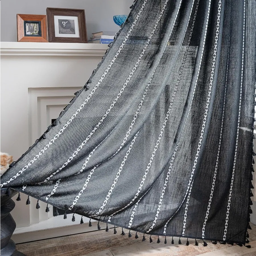 

Занавеска в стиле бохо для спальни, полузатемняющая льняная занавеска в стиле фермерского дома, потертый шик, кисточки, обработка окон, богемная вышивка, драпировка для Хэллоуина