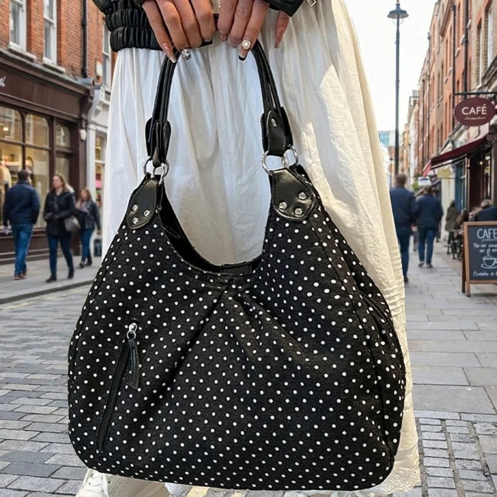 

Retro Polka Dot Shoulder Bag Large Capacity Black Tote Bags For Women Casual Use Comfortable Strap Fashionable Vintage Handbags