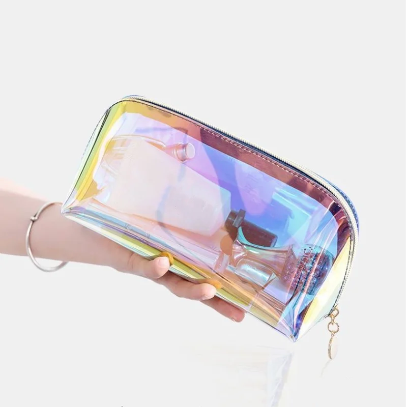 PVC Waterproof Transparent Cosmetic Bag Toiletry Makeup Bag Organizer Female Girls Laser Color Zipper Wash Make Up Beauty Case