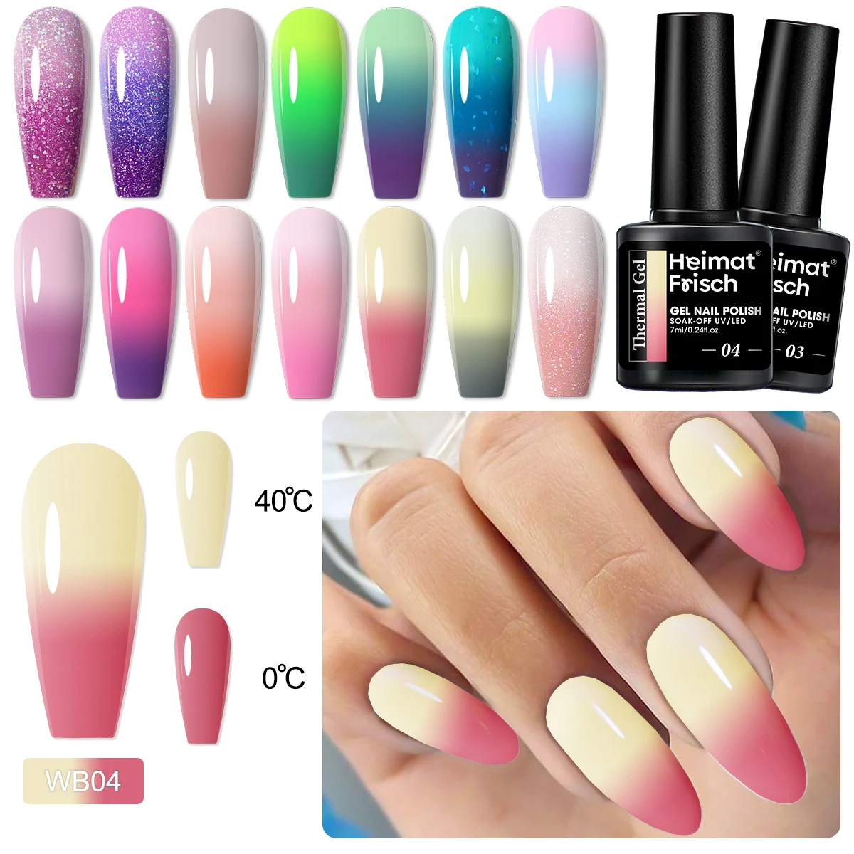 طلاء أظافر جل حساس للحرارة متغير اللون 7 مل، رقع أظافر جل قابلة للإزالة بثلاث طبقات متغيرة الألوان