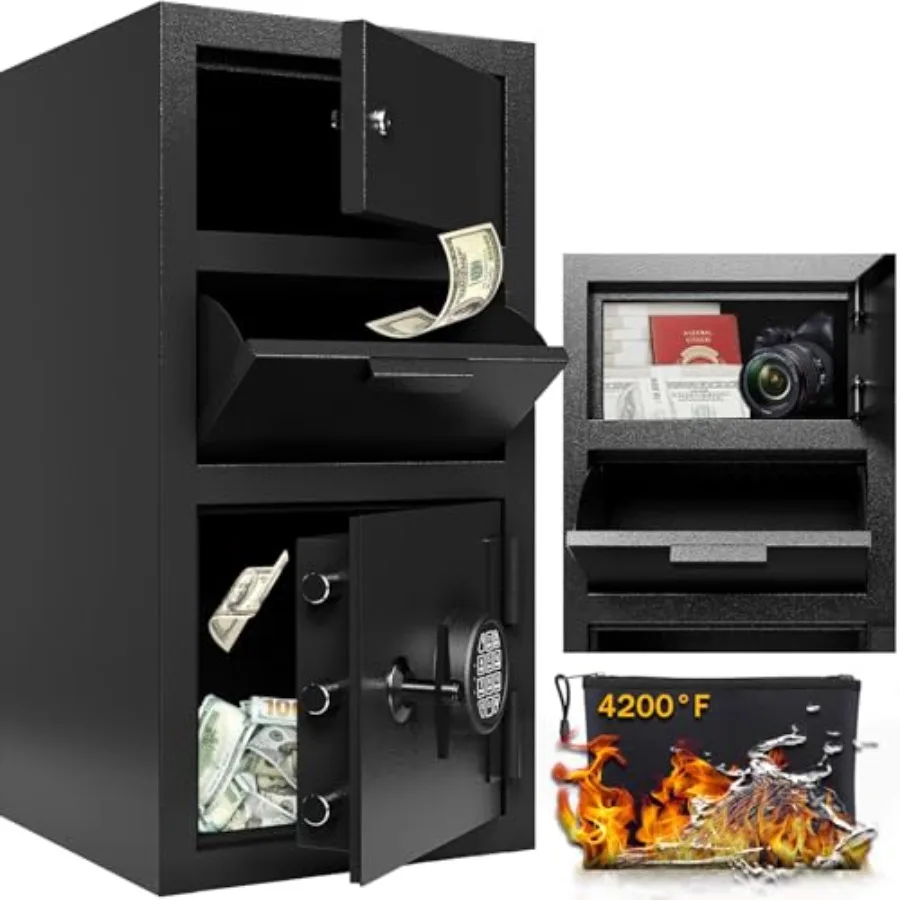 

Home and office heavy duty dual door safe box: steel construction, black finish, fireproof and waterproof with anti-fishing fea