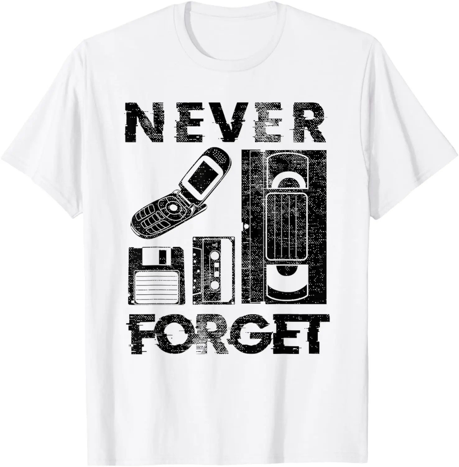 Never Forget 90s Tech Icons Graphic Tee Retro Vintage Floppy VHS Flip Phone T-Shirt Men