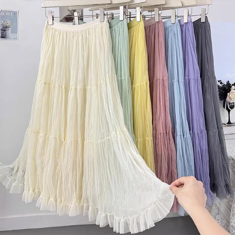 Ethereal Tulle Skirts For Women High Waist A-Line Layered Ruffle Hem Maxi Skirt for Autumn Spring
