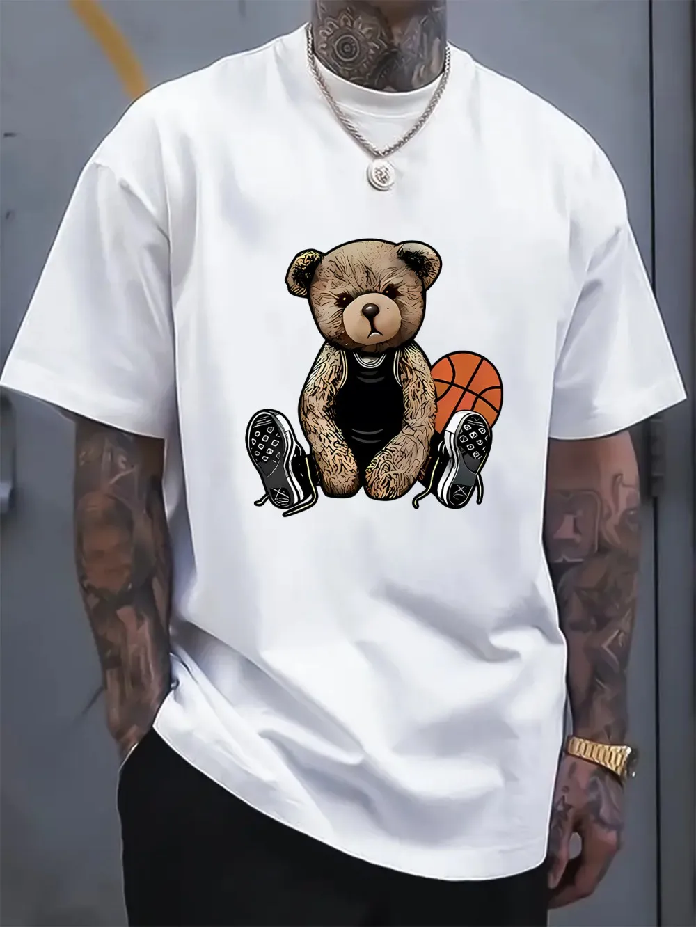 Fashionable new men's summer basketball training teddy bear print micro elastic breathable round neck T-shirt outdoor street top