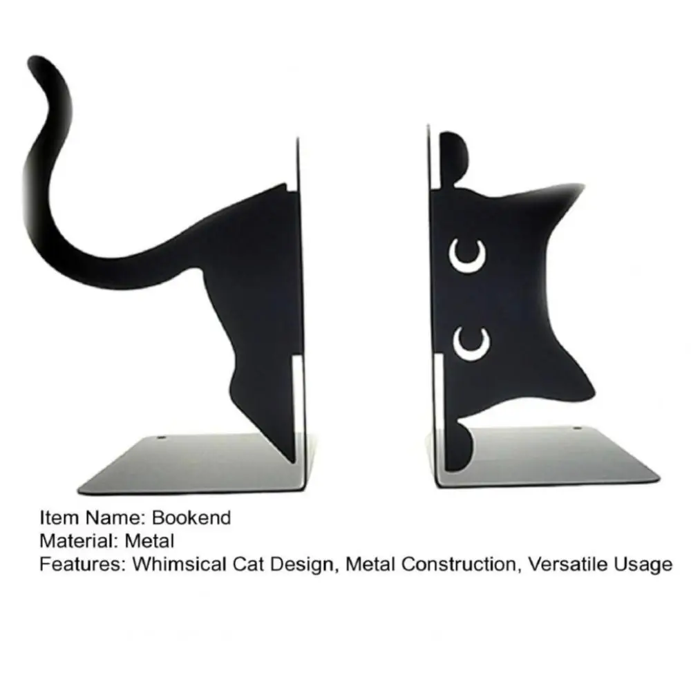 

Creative Whimsical Cat Design Metal Bookends Rounded Edges Cartoon Book Holders Decorative Black Cat Bookends Office