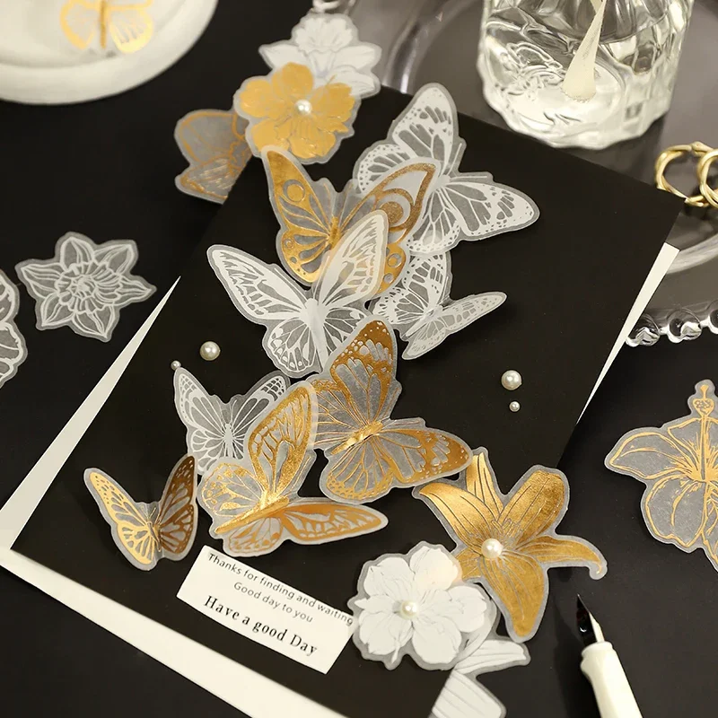 

20Sheets Bronzing Gold Flowers Stickers Material butterfly Plant Scrapbook supplies decorative Luggage Sticker 76*116mm