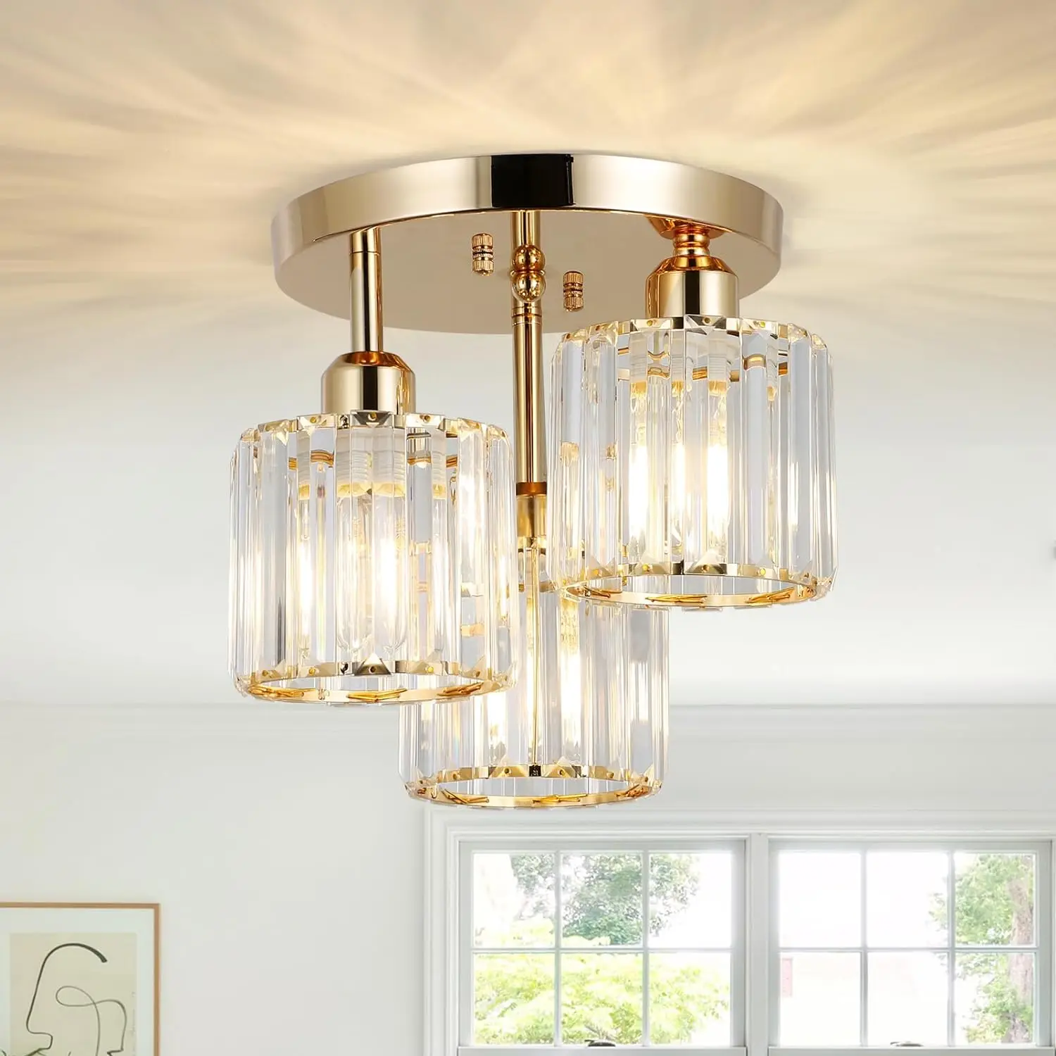 Modern Semi Flush Mount Ceiling Light,3-Light Crystal Close To Ceiling Light Fixtures,Golden Kitchen Light Fixtures With Clear