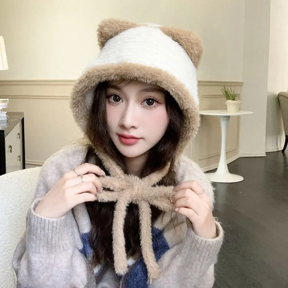 Trendy Korean Style Cute Cat Ear Hat Warm Plush Faux Fur Bucket Hat Casual Ear Protection Women Fluffy Hats Riding