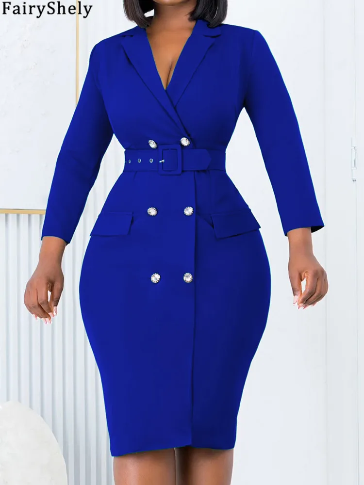 FairyShely 2025 Solid Long Sleeve Plus Size Dress Women Large Notched Big Dresses Lady Spring Autumn Party Tight Curvy Dress