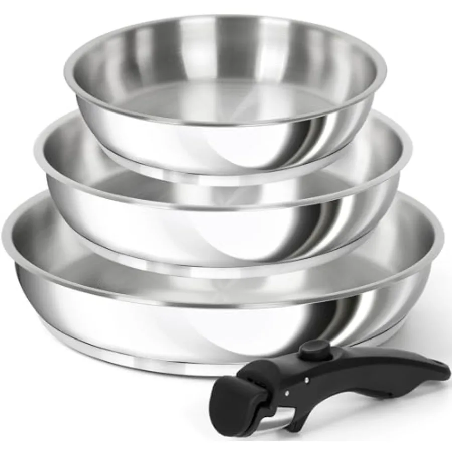 

Stainless Steel Frying Pan Set Cooking Pans with Removable Handle Triply Base Induction Compatible Skillet 8 9.5 11 in Silver