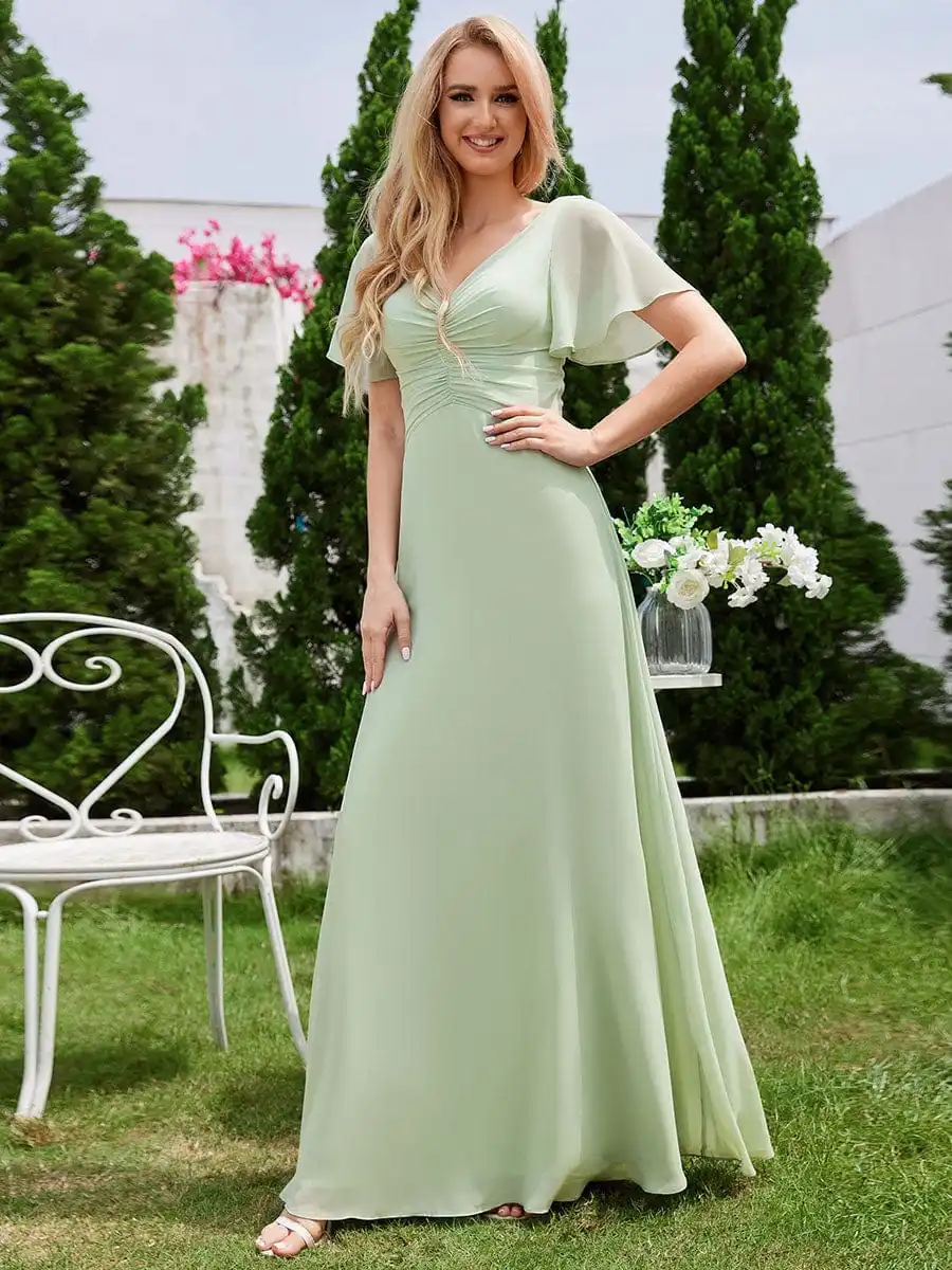 

Elegant Evening Dresses V-neck Ruffle Short Sleeves Pleated Floor length 2025 Ever Pretty of Chiffon Mint Green Bridesmaid Dress