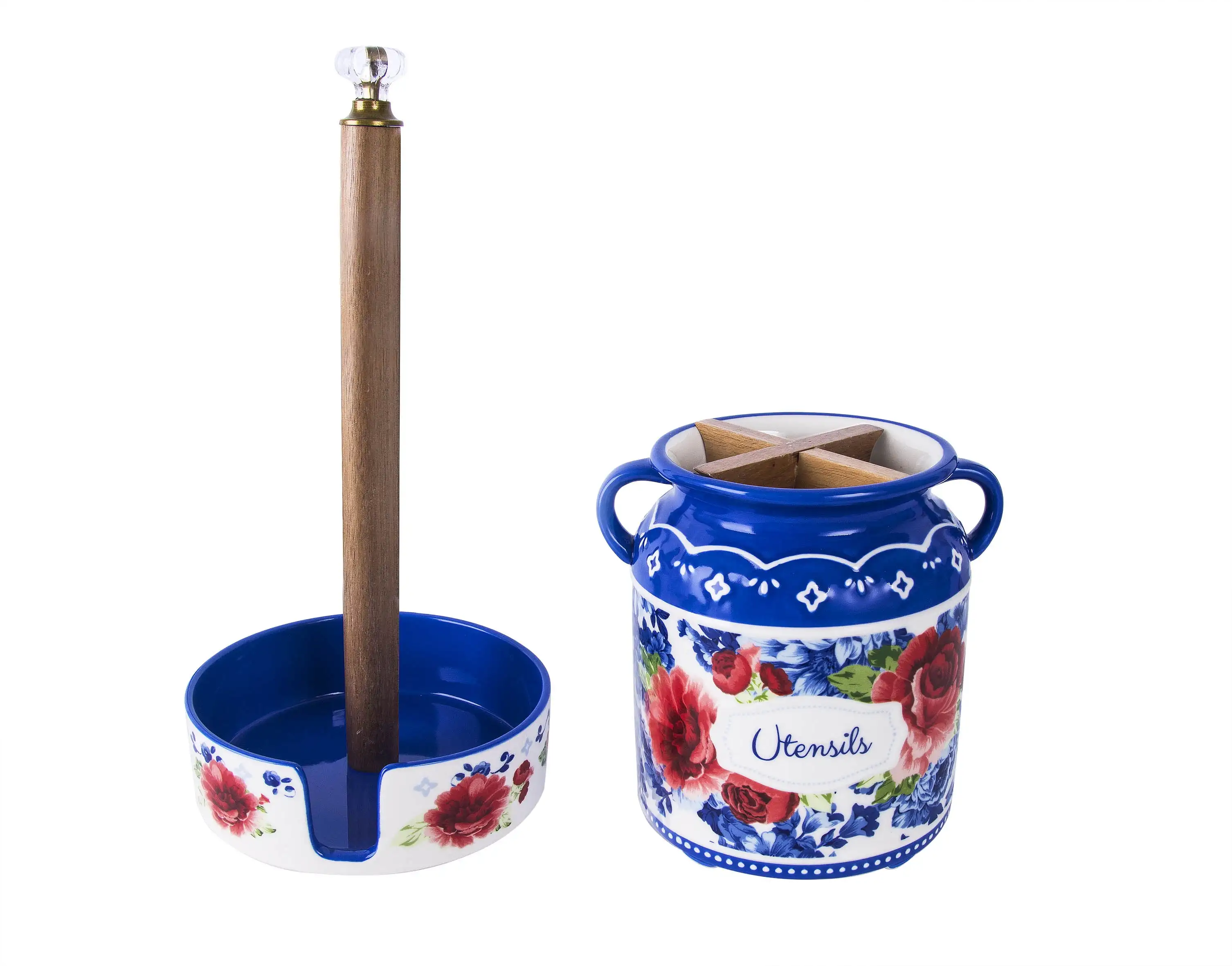 

Stoneware Paper Towel Holder and Utensil Holder Pack, Heritage Floral