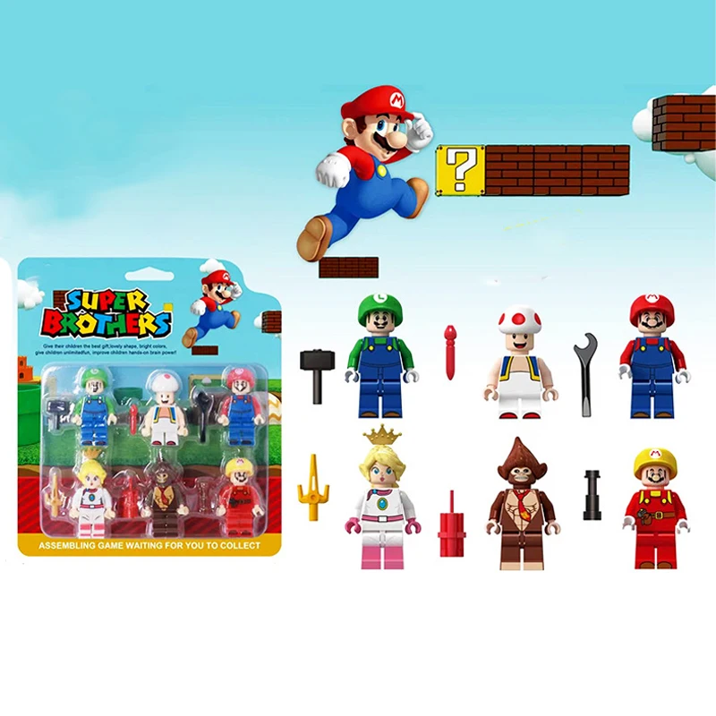 6pcs Super Mario Bros Building Blocks Anime Princess Peach Action Figure Assembled Model Toys Cartoon Mini Blocks Statue Gifts