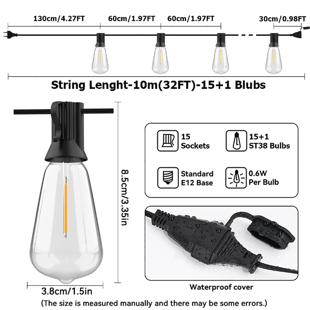 20M 30M ST38 Guirlande Licht String Onbreekbaar Led-lampen Outdoor IP44 Patio Tuin Bruiloft Halloween Kerst Decor lamp
